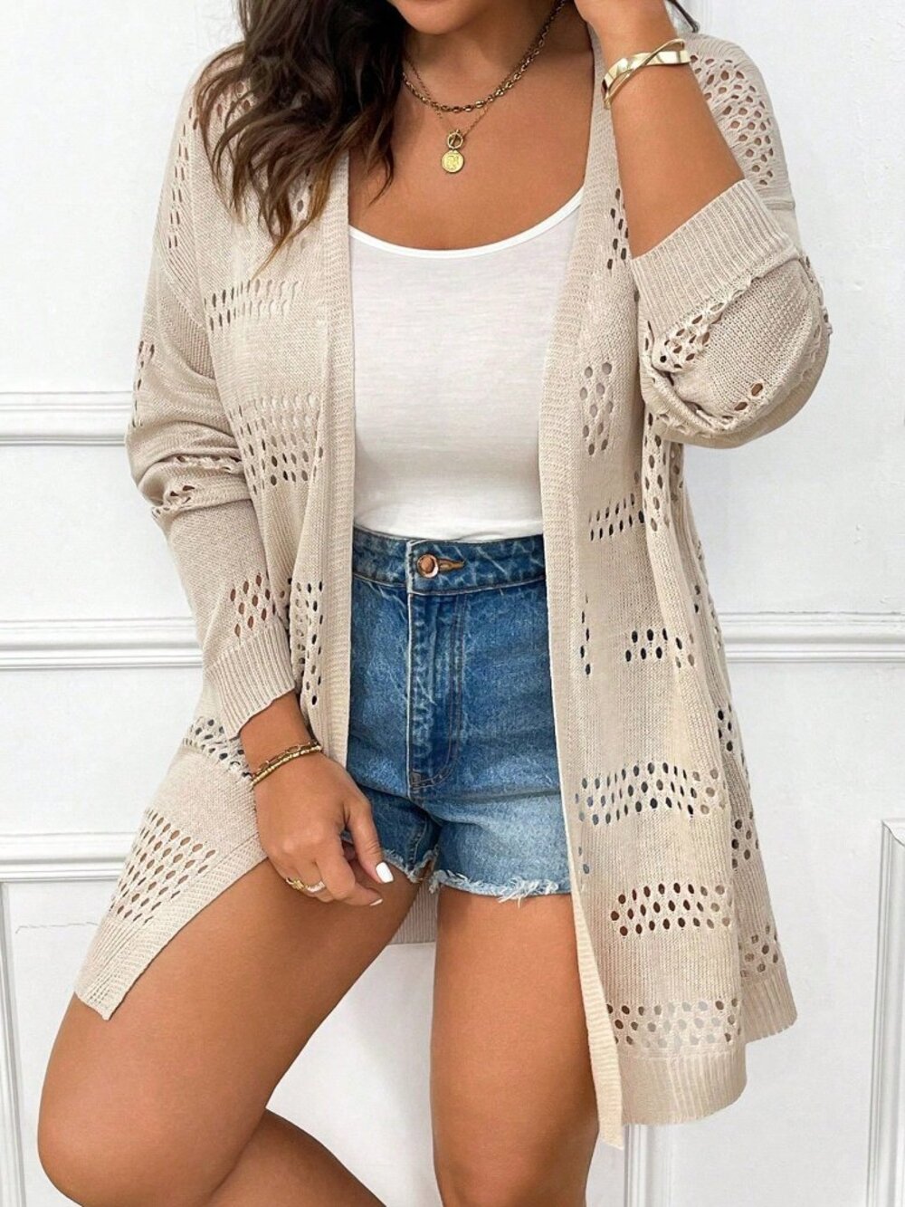 Apricot Casual Women's Loose Drop Sleeve Pointelle Knit Duster Cardigan